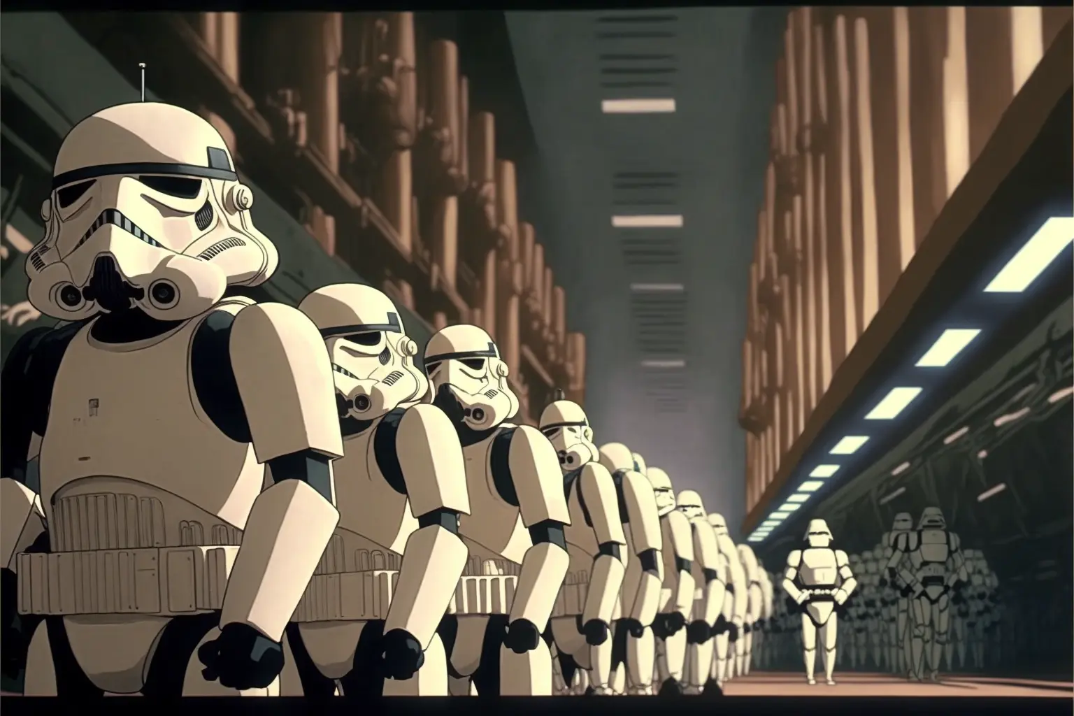 DVD screengrab from studio ghibli movie, stormtroopers marching inside the hangar of an imperior star destroyer, directed by Hayao Miyazaki, retro anime